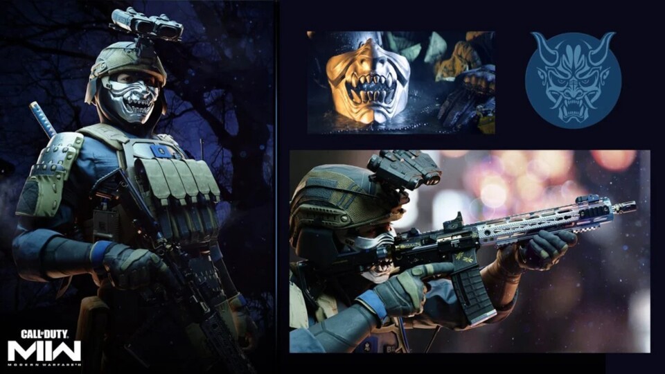 Oni-Operator, Waffen-Blueprint, Maske und ein Emblem für Warzone 2 und CoD Modern Warfare 2.