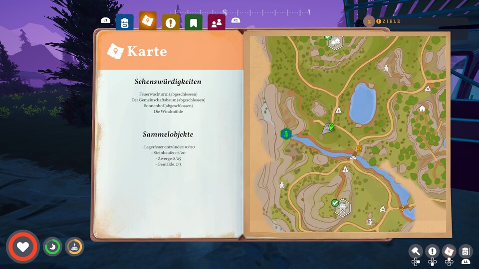 Die Karte markiert wichtige Orte wie Sendemasten oder Sehenswürdigkeiten. Ich hätte mir noch eigene Markierungen gewünscht, um etwa seltene Ressourcen leichter wiederzufinden.