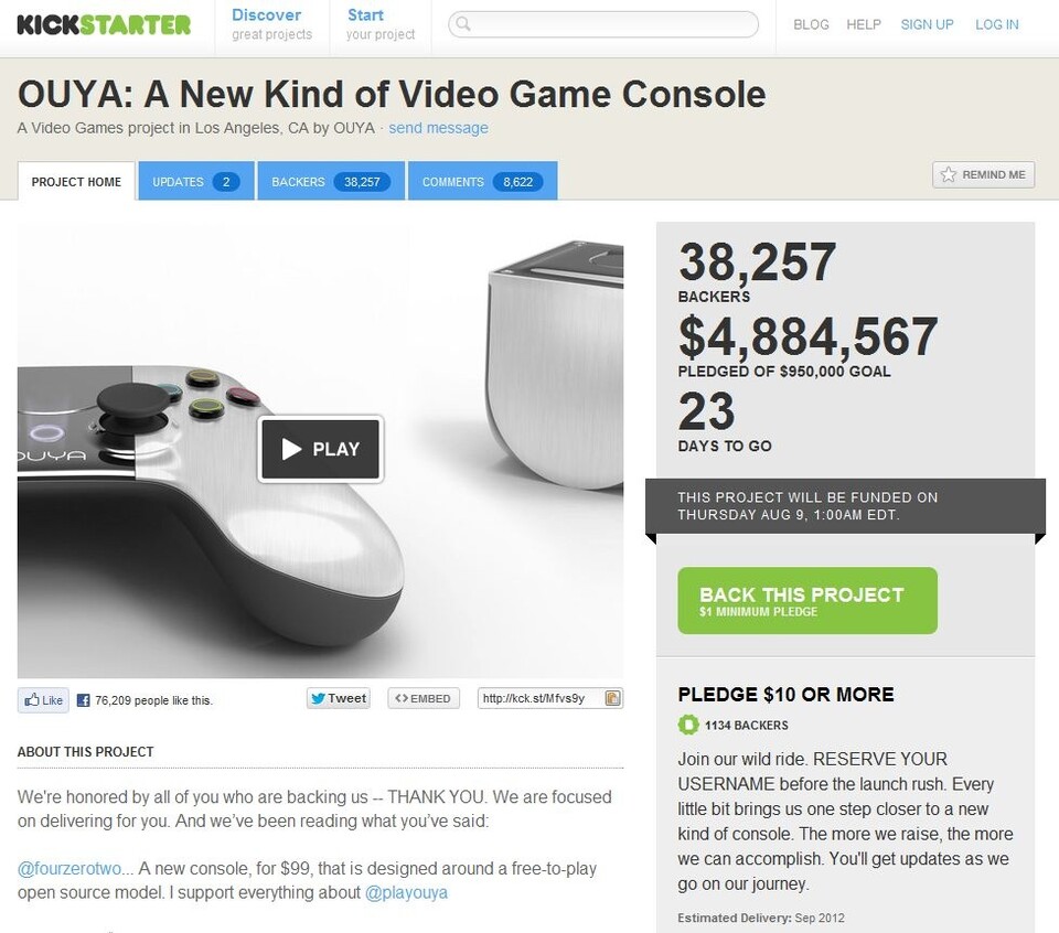 So sah am 17.7.2012 die Kickstarter-Seite von Ouya aus, die fünf Millionen Dollar sind zum Greifen nah!
