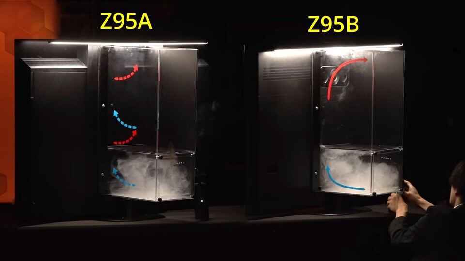 Über den Rauch wird verdeutlicht, dass weit mehr Luft den Fernseher durchströmt als zuvor, auch wenn kein Lüfter dafür verwendet wird. (Bildquelle: HDTVtest Youtube)