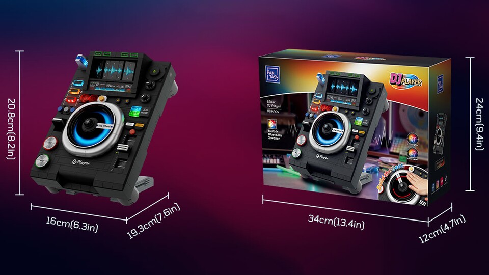 Hier seht ihr sowohl die Maßen des Kartons als auch des Sets im aufgebauten Zustand.