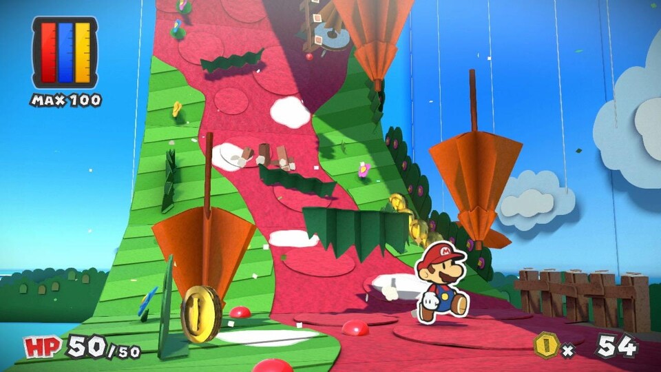Paper Mario: Color Splash spielt häufig mal mit der Perspektive. Hier rollt sich fast die gesamte Stage auf.