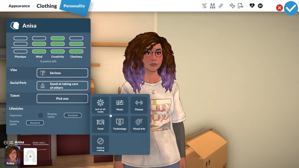 Im Charaktereditor von Paralives habt ihr bei Eigenschaften und Talenten eine überschaubare Auswahl.
