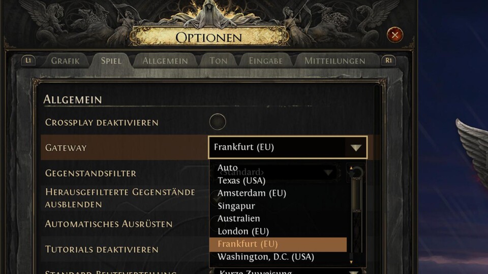 Im Spiel-Tab müsst ihr den Server manuell auf Frankfurt ändern.