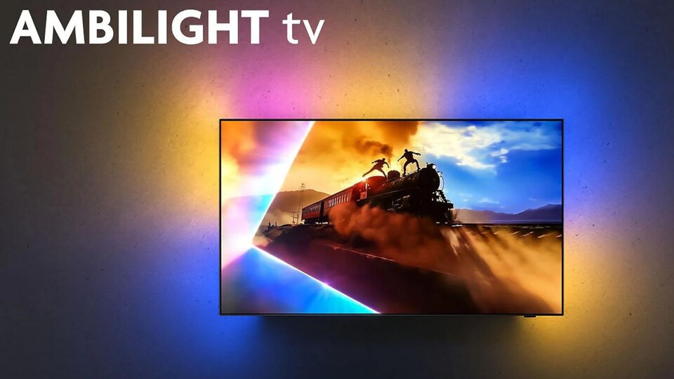 Das Ambilight-Feature des Philips OLED760 4K-Fernsehers sorgt für eine stimmungsvolle Beleuchtung des Raums.