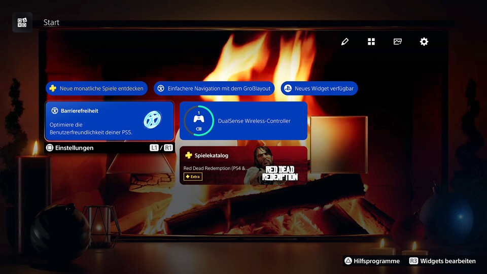 Der Kaminfeuer-Hintergrund für den Start-Hub.