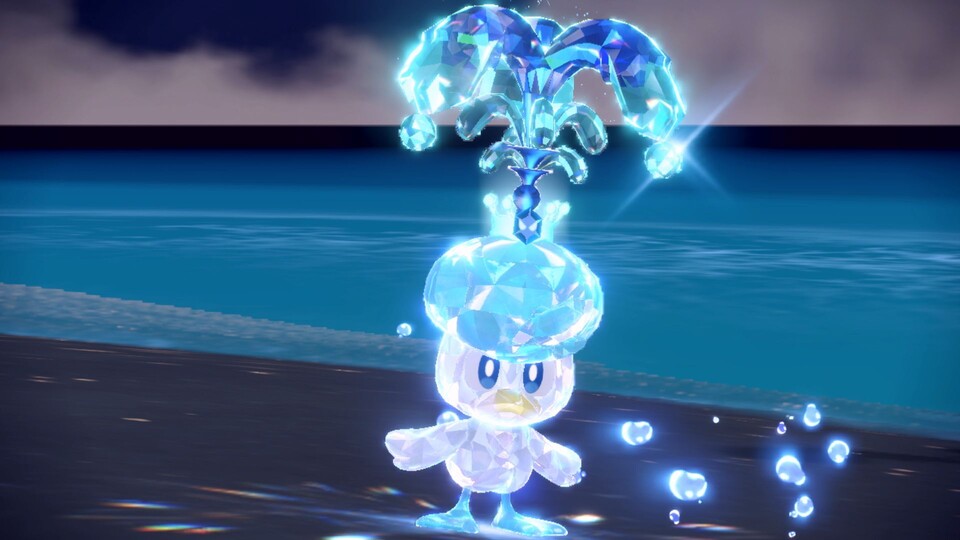So sehen Pokémon während der Tera-Kristallisierung aus. Das ist ein Beispiel für Wasser-Pokémon.
