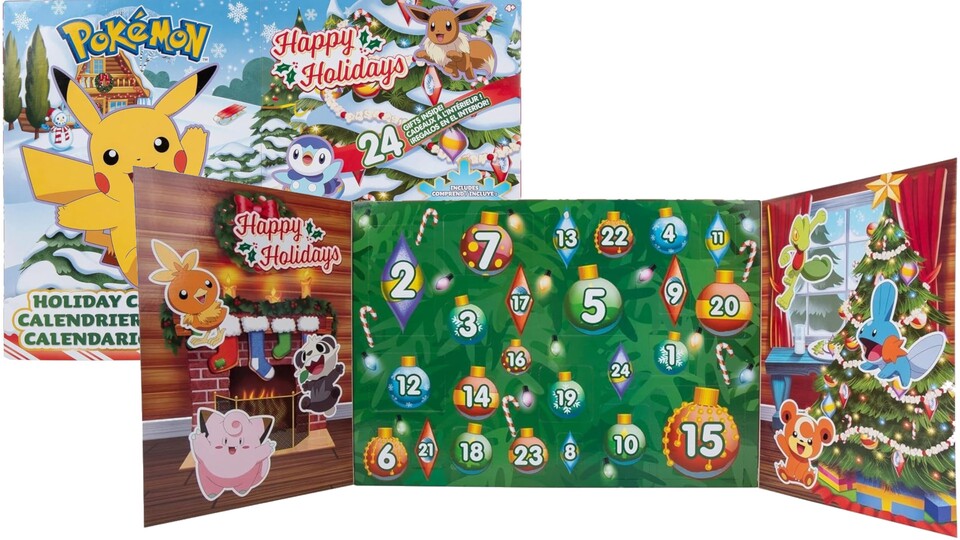 Mit seinen beiden Seitenflügeln bietet der Pokémon-Adventskalender einen stimmungsvollen Hintergrund, vor dem ihr die enthaltenen Figuren aufstellen könnt.