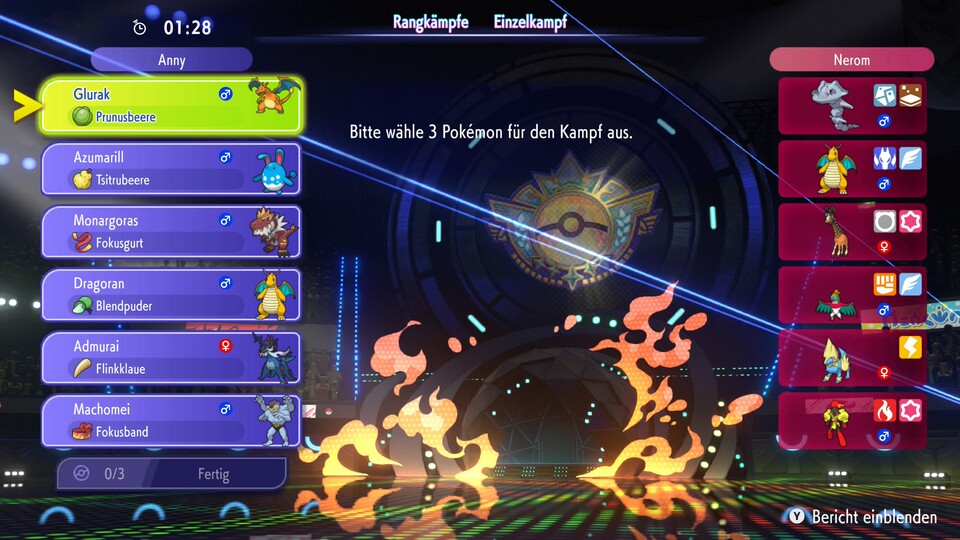 Vor einem Ranglisten-Kampf müssen wir in Champions aus umserem 6er-Team drei Pokémon aussuchen und bestimmen, wer als erstes in den Ring steigt.