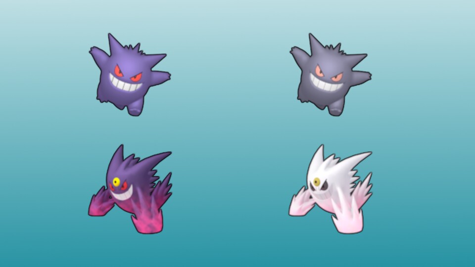 Die Gengar-Sprites aus Pokémon Home im Vergleich: Links befinden sich die gewöhnlichen Varianten, rechts die Shinys.