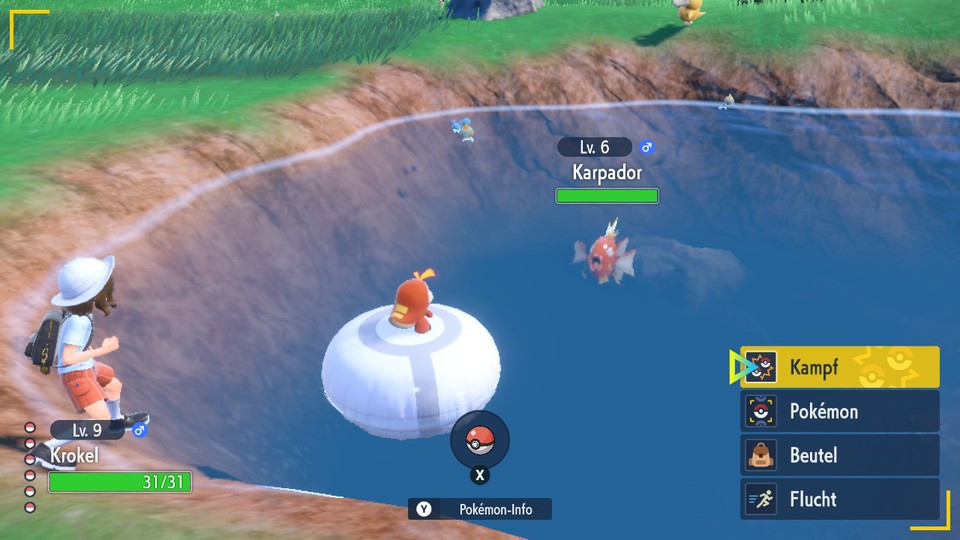 Die traditionelle Angel gibt es diesmal übrigens nicht mehr. Wasser-Pokémon greifen wir direkt vom Ufer aus an und ist unser Partner wie Krokel Nichtschwimmer, dann darf der von einem Ballon aus kämpfen.