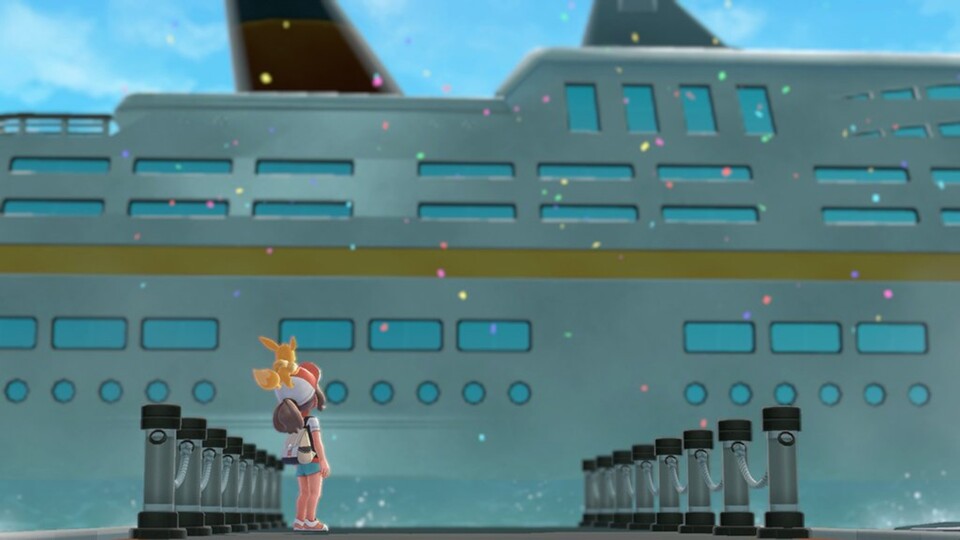 Hier zu sehen in Pokémon Lets Go, Evoli: In Orania City legt jedes Jahr der riesige MS Anne-Luxuskreuzer an.