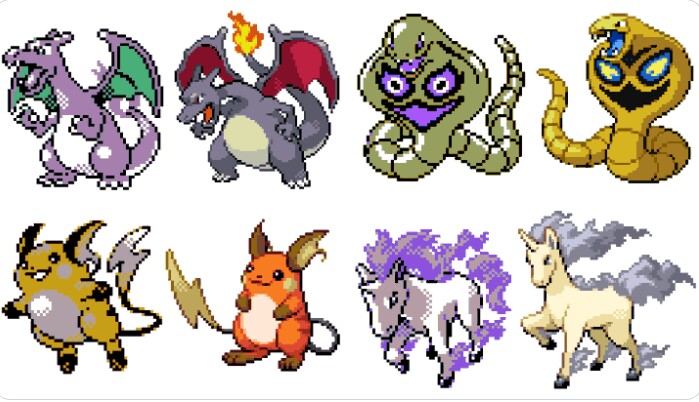 links die Shiny-Sprites der 2. Gen, rechts die Shiny-Sprites der 4. Gen.