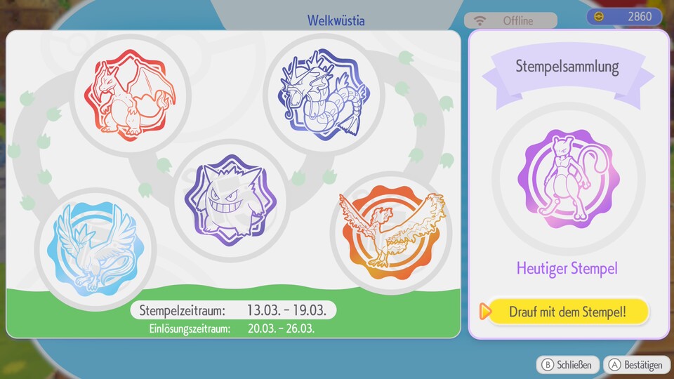 Meist sammelt ihr innerhalb einer Woche ungewöhnliche und legendäre Stempel. Wer Mew erwischt, sollte nicht lange fackeln und den Stempel wählen.