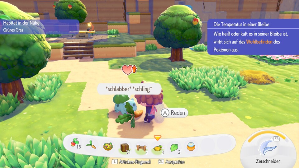 Hier schleime ich mich bei Bisasam, aka dem besten Pokémon der Welt, mit einer Karotte ein, um sein Wohlbefinden zu steigern.