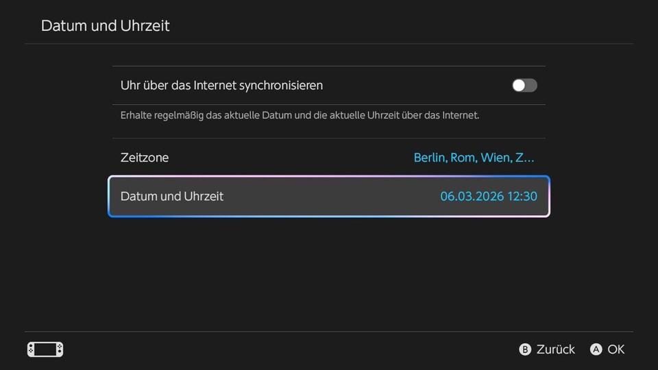Im Menü der Switch 2 könnt ihr ganz einfach die Uhrzeit anpassen.