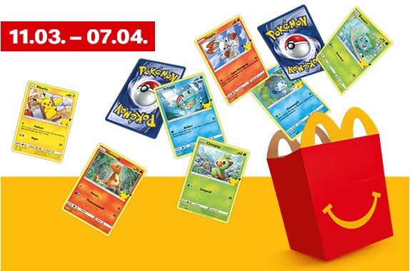 Bei McDonalds wird es in jedem Happy Meal vier Pokémon-Sammelkarten geben.