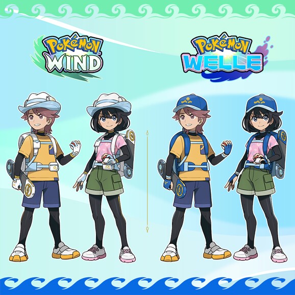 Links seht ihr die Outfits der beiden Hauptcharaktere aus Pokémon Wind, rechts die Outfits der beiden Hauptcharaktere aus Pokémon Welle.