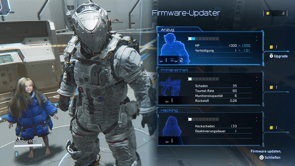 Neben Modulen, Zubehör und Co. kann ich auch schlicht Lebenspunkte oder Hacking-Schaden verbessern. Die nötigen Materialien vorausgesetzt natürlich.