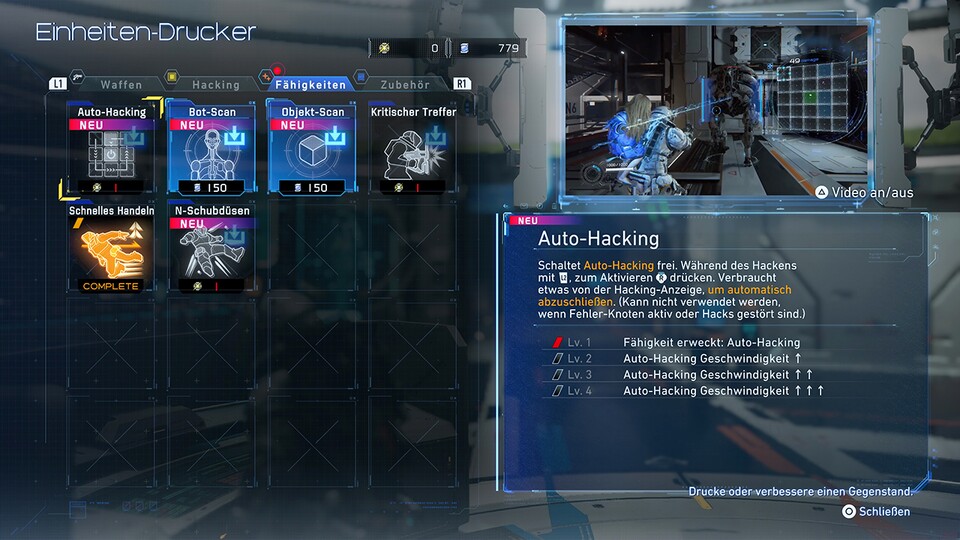 Immer wieder schalte ich neue Waffen, Hacking-Module und Fähigkeiten frei, die ich dann auch verbessern kann – darunter auch die Fähigkeit, hin und wieder automatisch zu hacken.