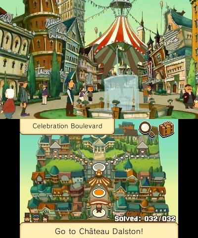 Die Karte auf dem unteren Bildschirm hilft uns, die Stadt zu erkunden. [3DS]