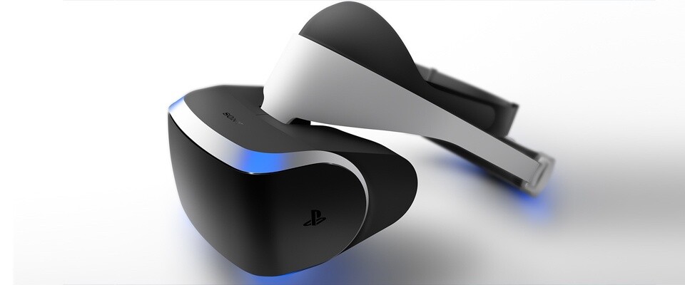 So (oder sehr ähnlich) wird Sonys VR-Brille aussehen. Die blauen Positionslichter an der Vorder- und Rückseite erlauben die Erfassung der räumlichen Position von Spielern.