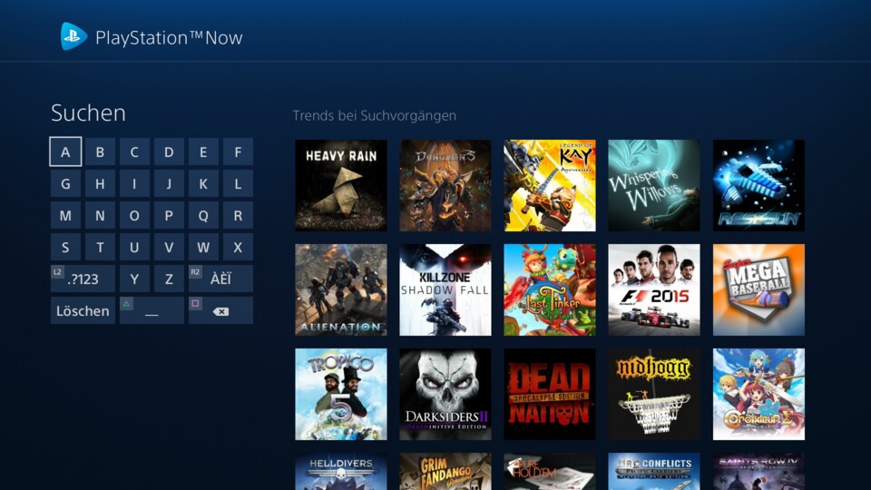 Drücken wir auf der PlayStation 4 in der PS Now-App die Dreiecks-Taste, öffnet sich dieses praktische Suchfenster. In der PC-Version hat der gleiche Tastendruck dagegen keinerlei Auswirkungen.