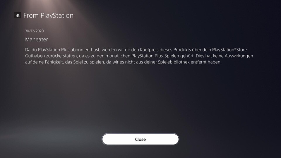 Die Mitteilung von Sony, aufgenommen auf der PS5.