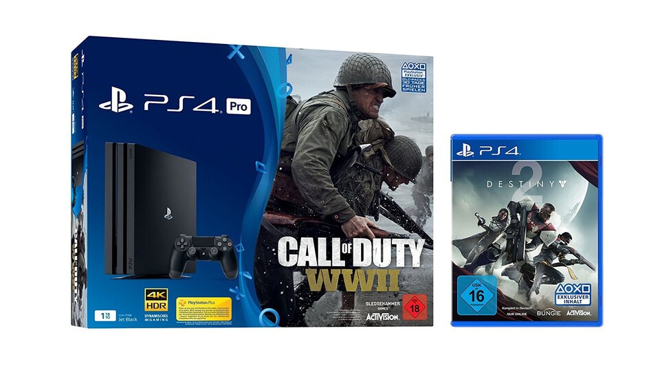 PS4 Pro 1TB im Bundle mit Call of Duty: WW2 und Destiny 2 für 384 Euro.