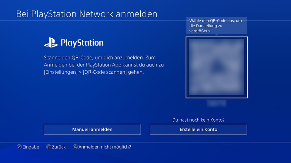 Einfach rechts den QR-Code scannen (hier unscharf dargestellt) und schon seid ihr auf der PS4 angemeldet. Ganz ohne Email-Adresse und Passwort.