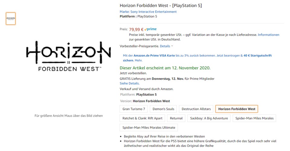 Amazon listet mehrere Spiele, darunter Horizon, das eher 2021 erscheint, schon als Launchspiel der PS5.