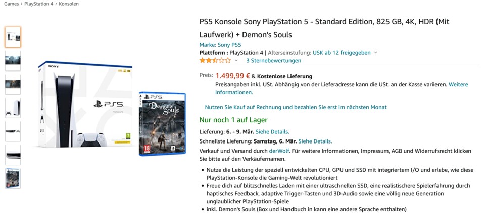 Dieses PS5-Bundle auf Amazon ist gar kein Bundle und kostet das Dreifache der unverbindlichen Preisempfehlung (Screenshot: https://www.amazon.de/PS5-Konsole-Sony-PlayStation-Standard/dp/B08XPTZ9TN).