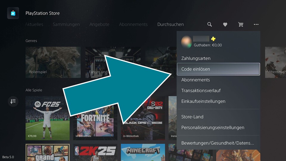 Wählt im Store die drei Punkte ganz oben rechts und dann Code einlösen.