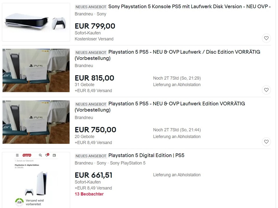 Auch in Deutschland wird die PS5 bei Ebay sehr teuer angeboten.