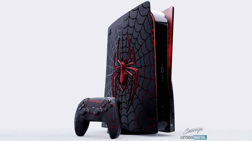 So wie dieses PS5-Mockup im Spider-Man-Look (von Spinelli & LetsGoDigital) könnten Custom-Versionen aussehen, wenn Sony sie nicht verboten hätte.