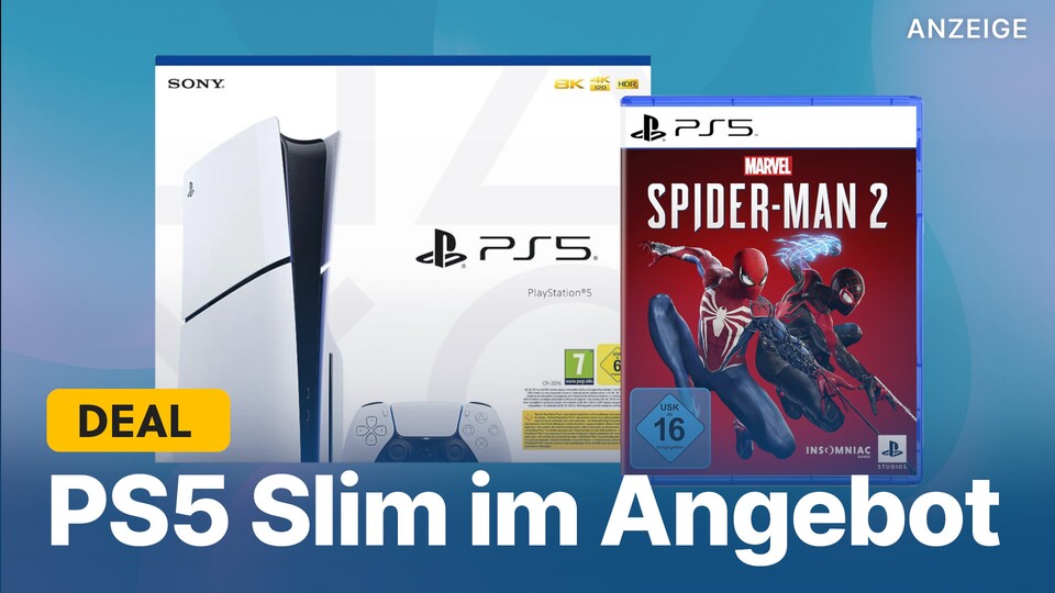 Die PS5 Slim könnt ihr jetzt zusammen mit Marvels Spider-Man 2 günstiger bekommen, der Bundle-Rabatt beträgt rund 56€.