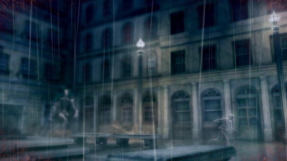 Der Kniff in Rain: Unser unsichtbarer junger Held und die Monster sind als Umrisse im Regen zu sehen.