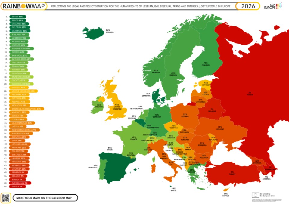 Hier seht ihr die gesamte europäische RainbowMap. (Quelle: https:rainbowmap.ilga-europe.org)