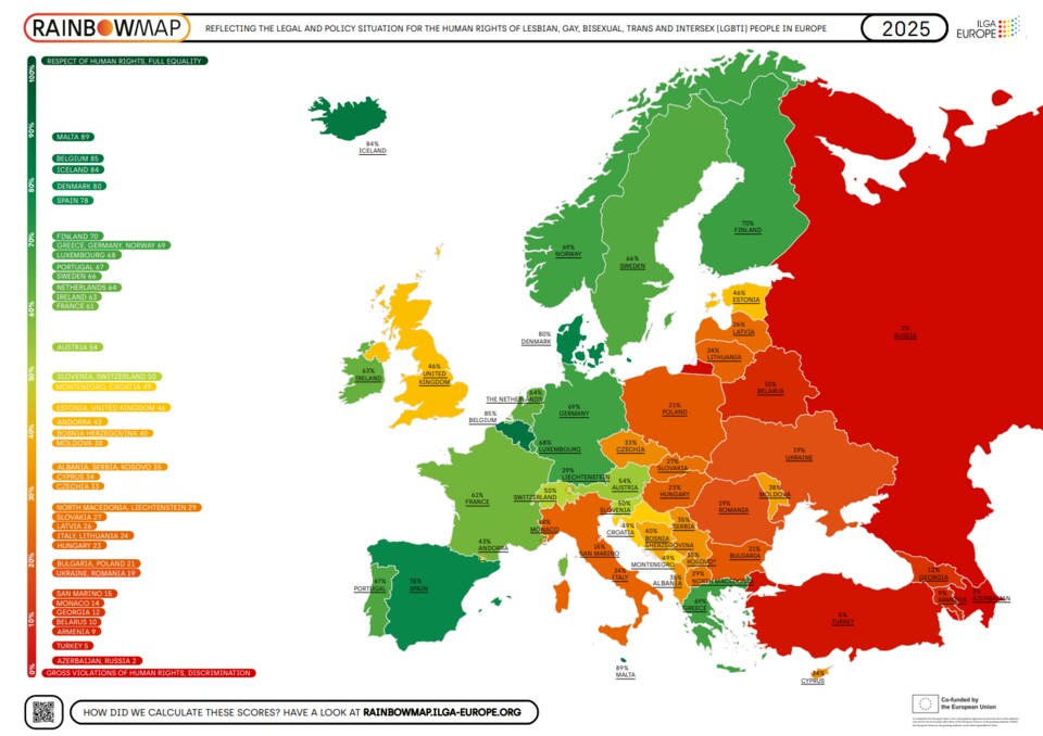 Hier seht ihr die gesamte europäische RainbowMap. (Quelle: https:rainbowmap.ilga-europe.org)