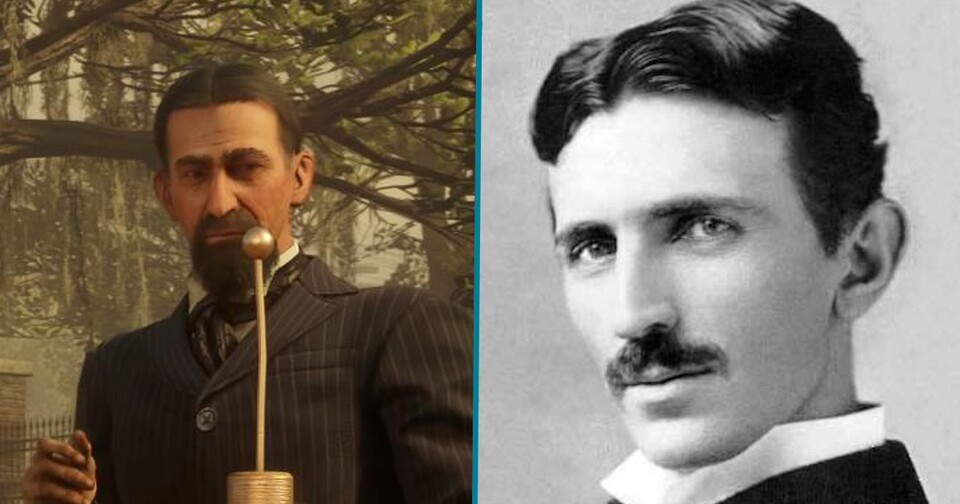 Links die Person aus dem Trailer, rechts eine historische Aufnahme von Nikola Tesla.