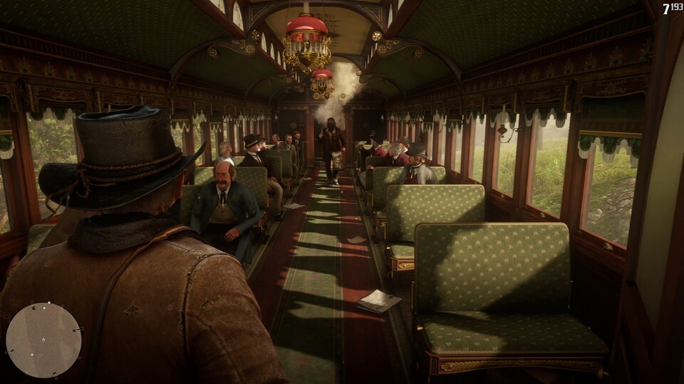 Die Passagiere des Zuges reagieren auf den Schuss von Arthurs Banditenkollegen. 
