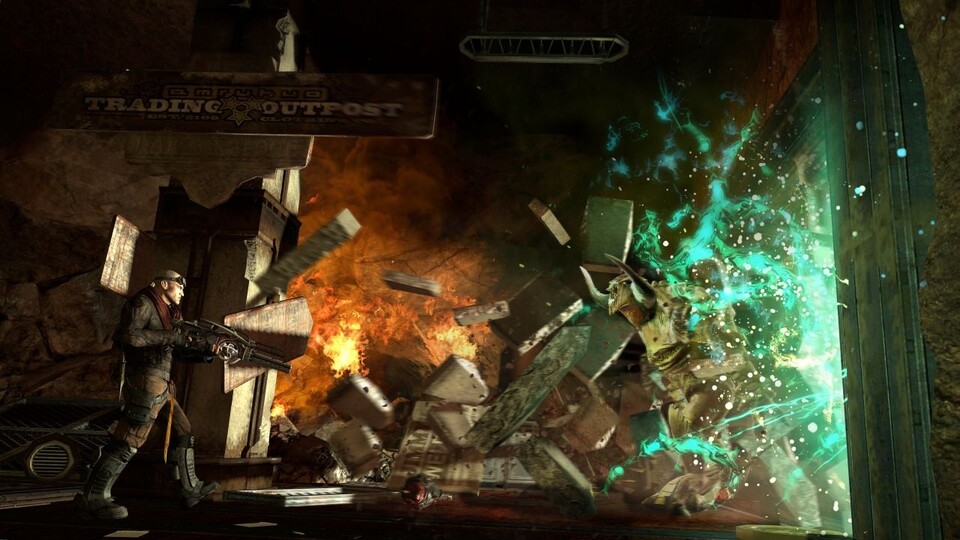Zerstörung ist auch in Red Faction: Armageddon ein wichtiges Spielelement -- ob eher unspektakulär per Hammer oder wie hier mit einer Sprengladung.