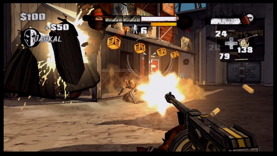 Red Steel 2: Mit der Maschinenpistole haltet ihr auch mehrere Gegner auf Distanz. [Wii]