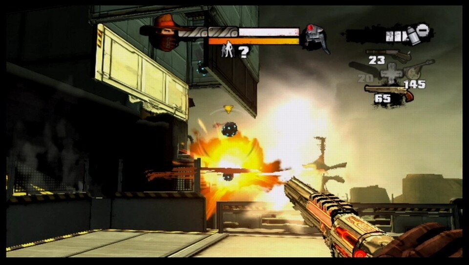 Red Steel 2: Die fliegenden Bombendrohnen holt ihr schnell mit dem Colt vom Himmel, bevor sie in eurer Nähe explodieren. [Wii]
