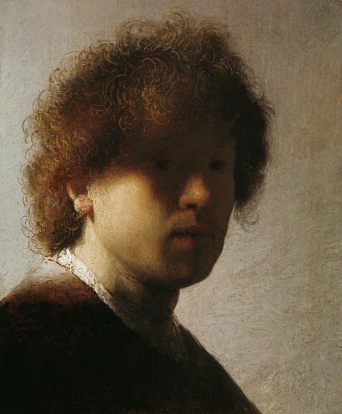 Ein Selbstporträt von Rembrandt van Rijn, besser bekannt als Rembrandt, das den Licht-Schatten-Effekt des Chiaroscuro verdeutlicht.