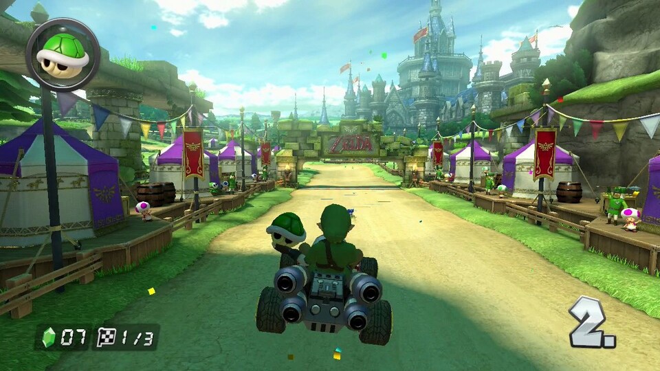 So muss eine Zelda-Strecke aussehen: Im Hintergrund erhebt sich Schloss Hyrule, in dem wir später am Master-Schwert vorbeiflitzen.