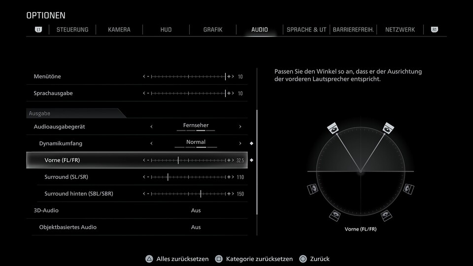 Über die Geräte stellt ihr die räumliche Positionierung von Geräuschquellen ein. Bei Kopfhörern ist das ein wenig irreführend, da ihr für guten 3D-Sound die vorderen Speaker auch vor euch platzieren solltet. Bei TVs und Anlagen solltet ihr stattdessen ungefähr die Winkel zu eurer Sitzposition bestimmen.