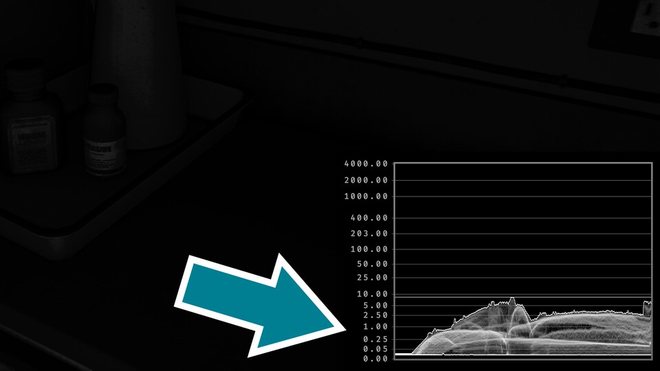 Hier haben wir uns in eine ganz dunkle Ecke gestellt und dennoch verharrt die Helligkeitsausgabe bei circa 0,03 Nits, also einem dunklen Grau statt einem reinen Schwarz. Das gibt Requiem auf der PS5 (Pro) nicht aus.