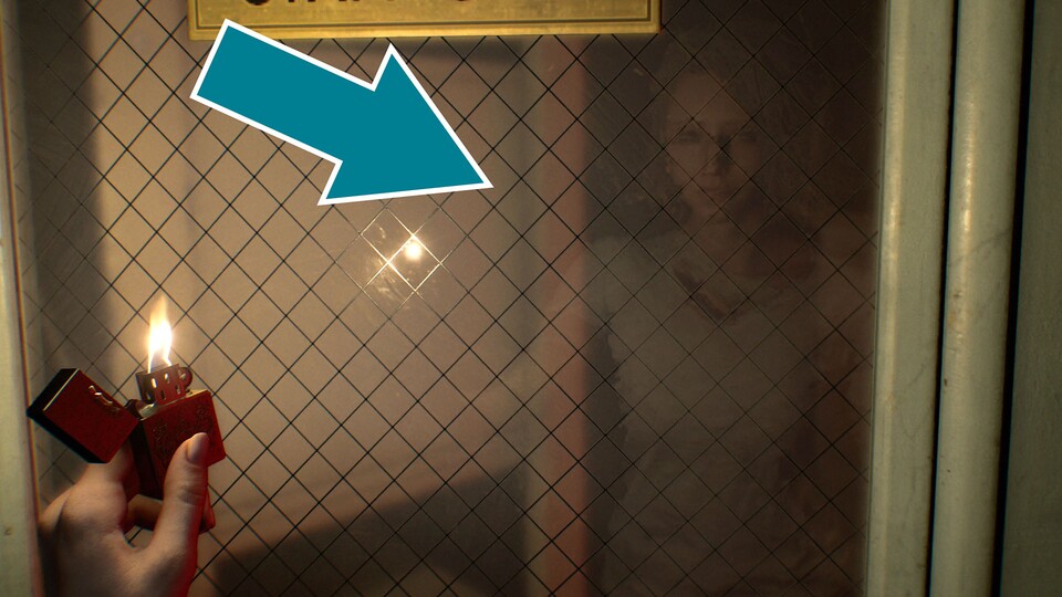 Huch! Auf einmal ist Grace mit ihrem Feuerzeug im transparenten Fenster aufgetaucht. Und das, während wir uns in der Ego-Perspektive befinden.