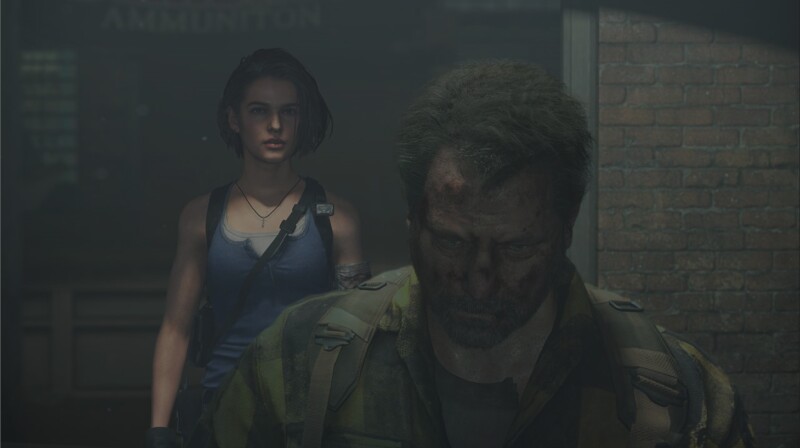 Jill Valentine, die Hauptfigur aus Resident Evil 3, zusammen mit Shop-Besitzer Robert Kendo. 
